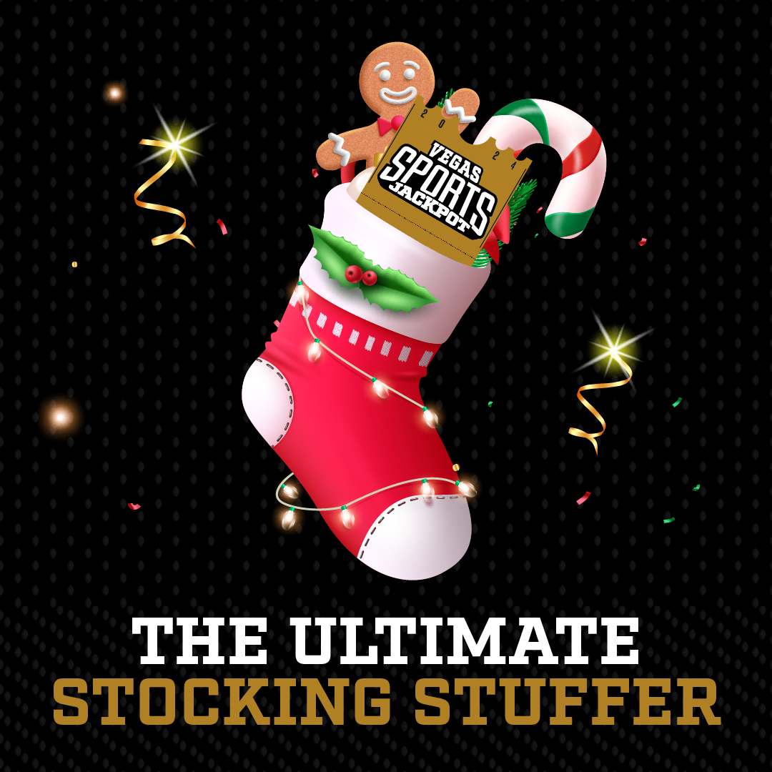 Gingerbread man, candy cane, Vegas Sports Jackpot logo, sticking out of a red stocking with the tagline The Ultimate Stocking Stuffer