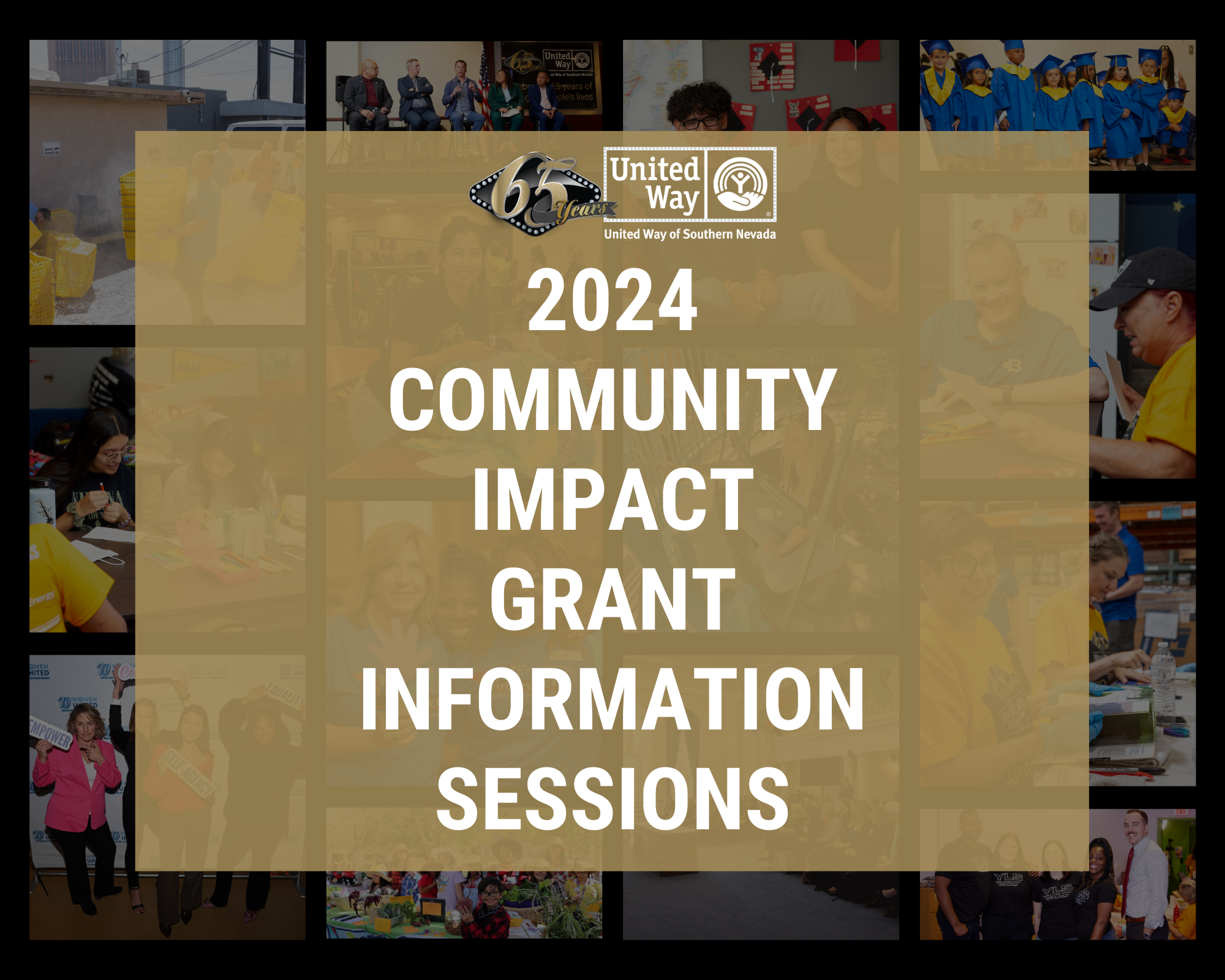 Photo grid in the background with the words 2024 community impact grant information sessions