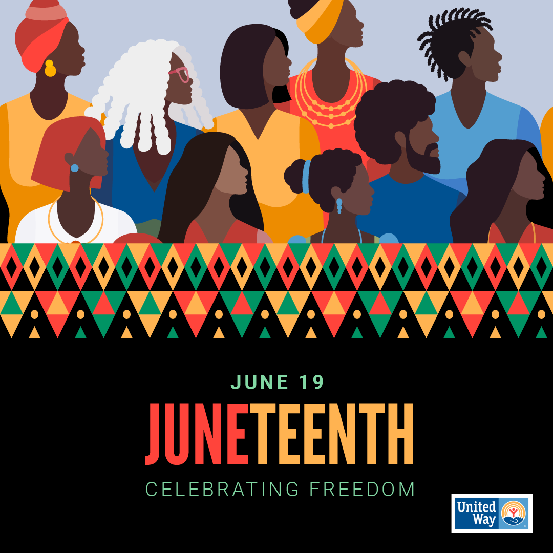 Graphic with profiles of people with red, yellow, and green accent colors with Juneteenth Celebrating Freedom on a black background.